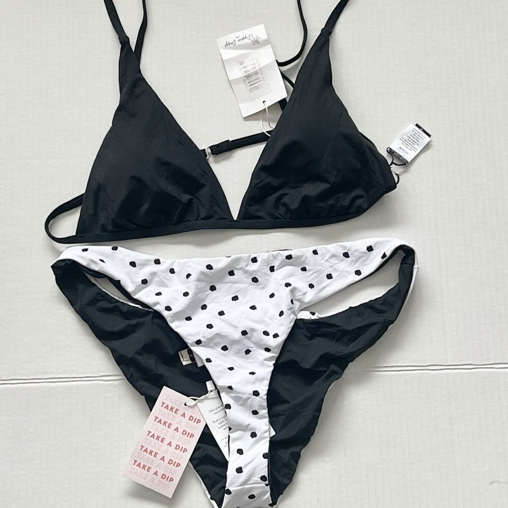 NWT Dippin Daisy’s Reversible Bikini Set BLK white polka dotted Cheeky Bottoms L